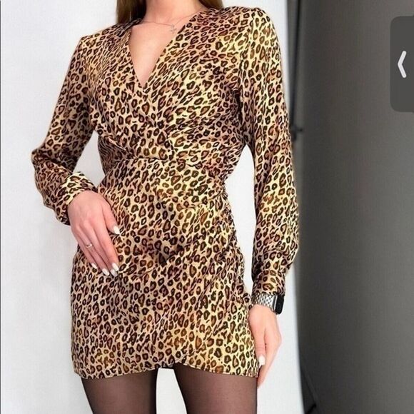 ZARA Leopard Print Satin Long Sleeve Mini Dress Women's Size L - Picture 1 of 7